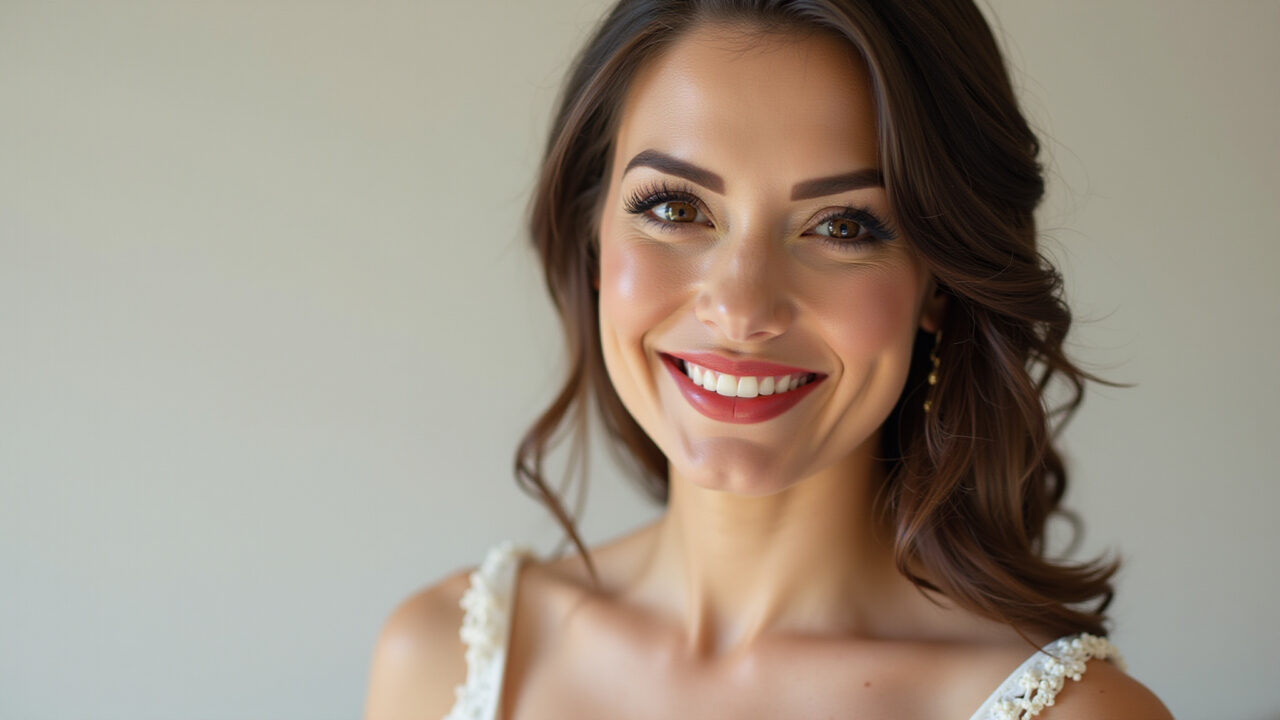 Professional photography of a brunette bride with lipstick, nude pink, coral or cherry red, happy Noiva morena com batom rosa nude, coral ou vermelho cereja.