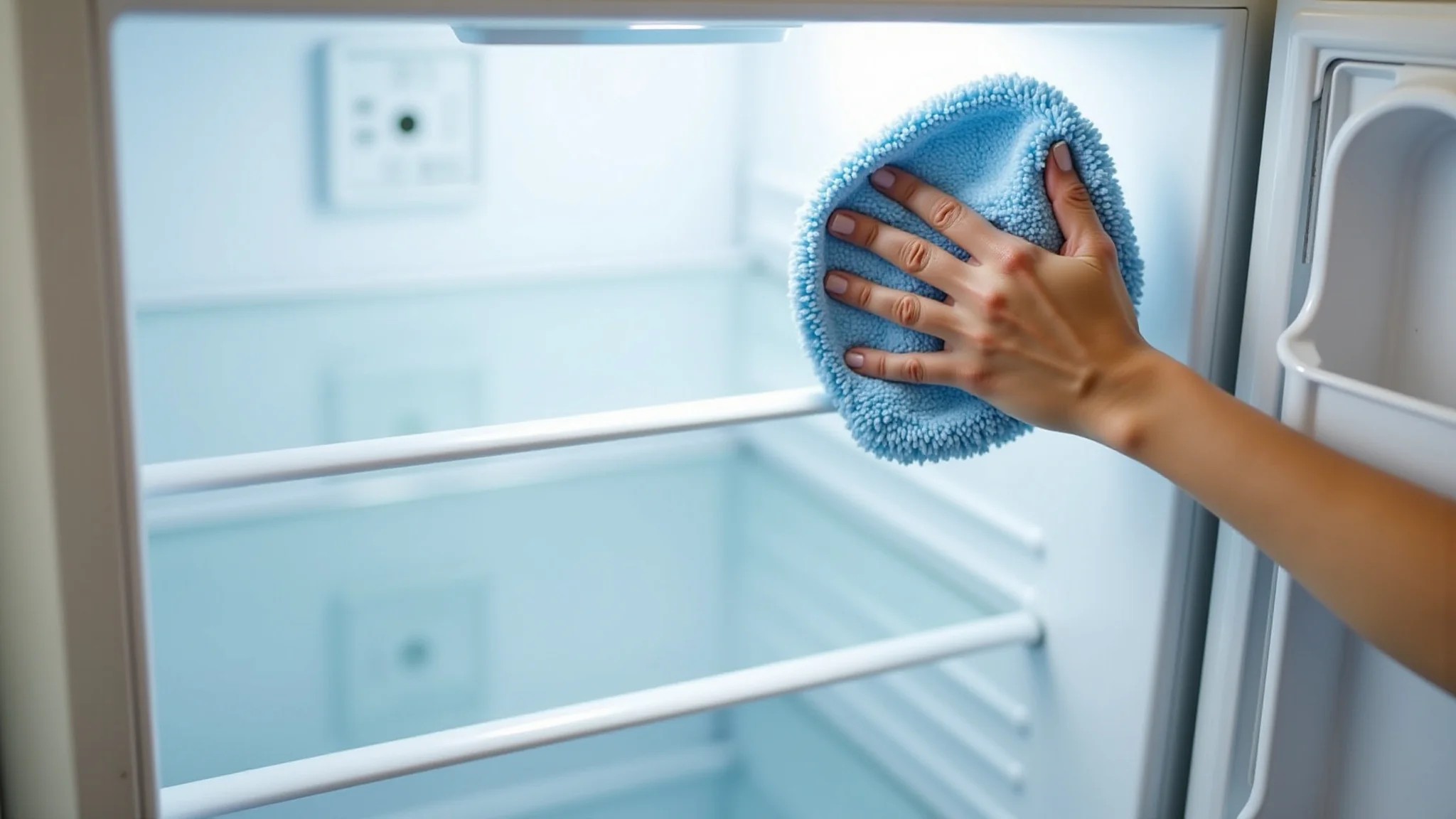 Geladeira frost free vazia sendo limpa com pano, demonstrando a facilidade de limpeza.