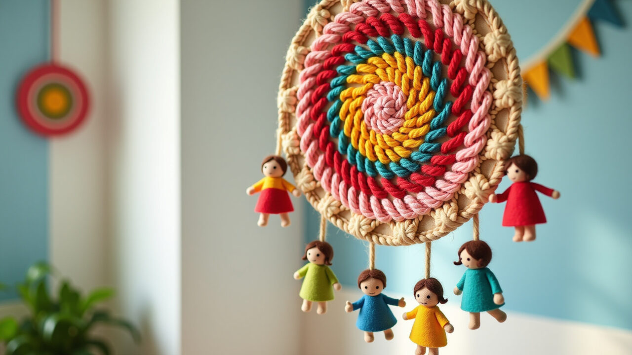 Mandala de macramê infantil com personagens lúdicos.