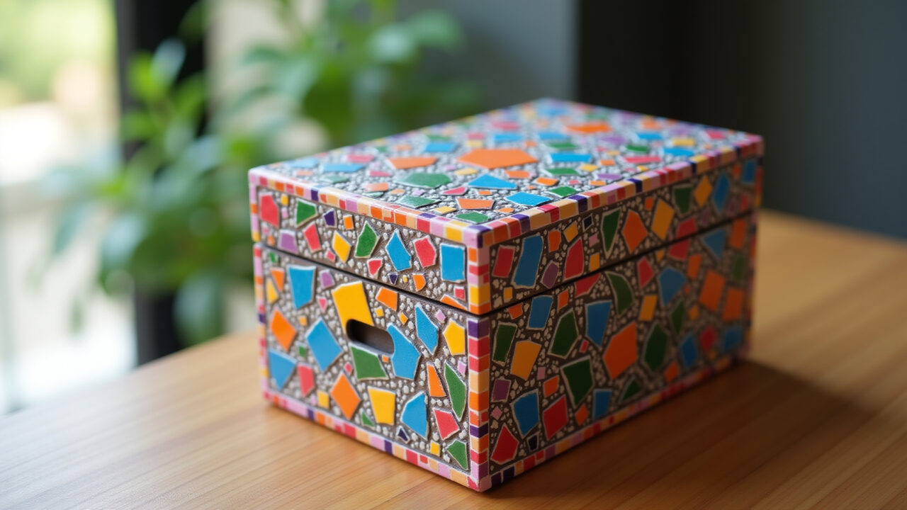 Porta joias de MDF colorido com mosaico de pastilhas.