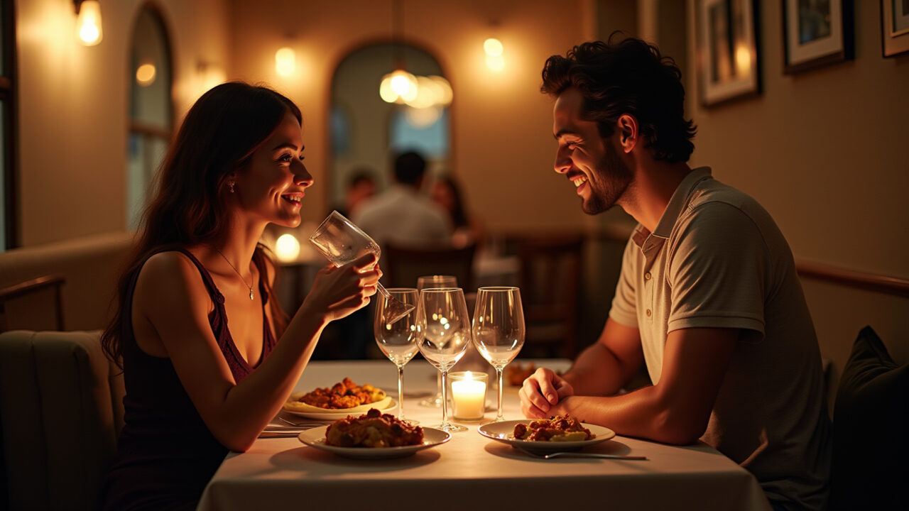 Casal em jantar romântico, experiência memorável como presente.