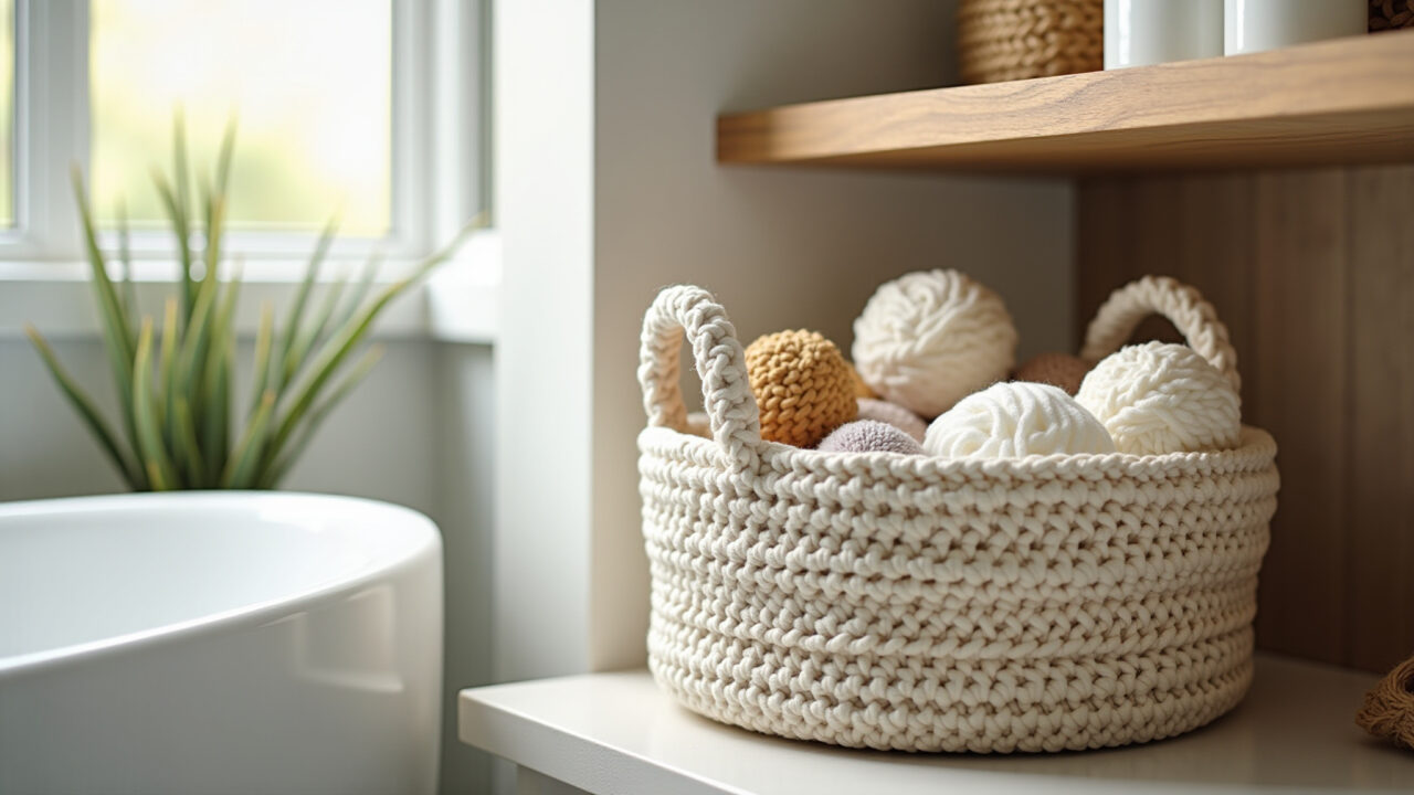Professional photography of a crochet basket for bathroom storage, cotton yarn, organized bathroom Cesto de crochê para organizar produtos de beleza no banheiro.