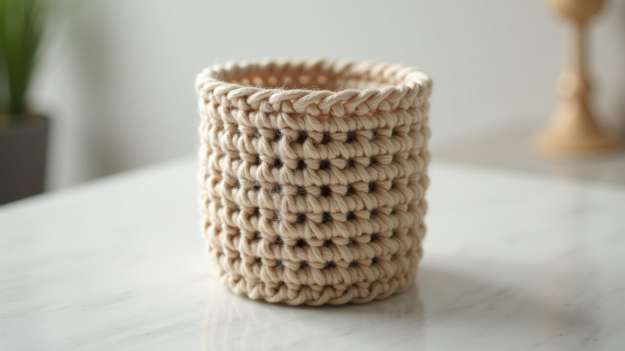 Professional photography of a crochet toilet paper holder, natural fiber, rustic bathroom decor, Porta-papel higiênico de crochê em banheiro rústico.