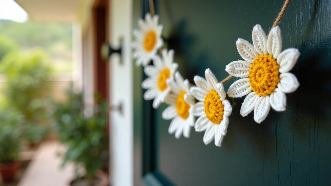 Professional photography of a crocheted daisy garland hanging on a front door, festive decor, Guirlanda de margaridas de crochê na porta de entrada.