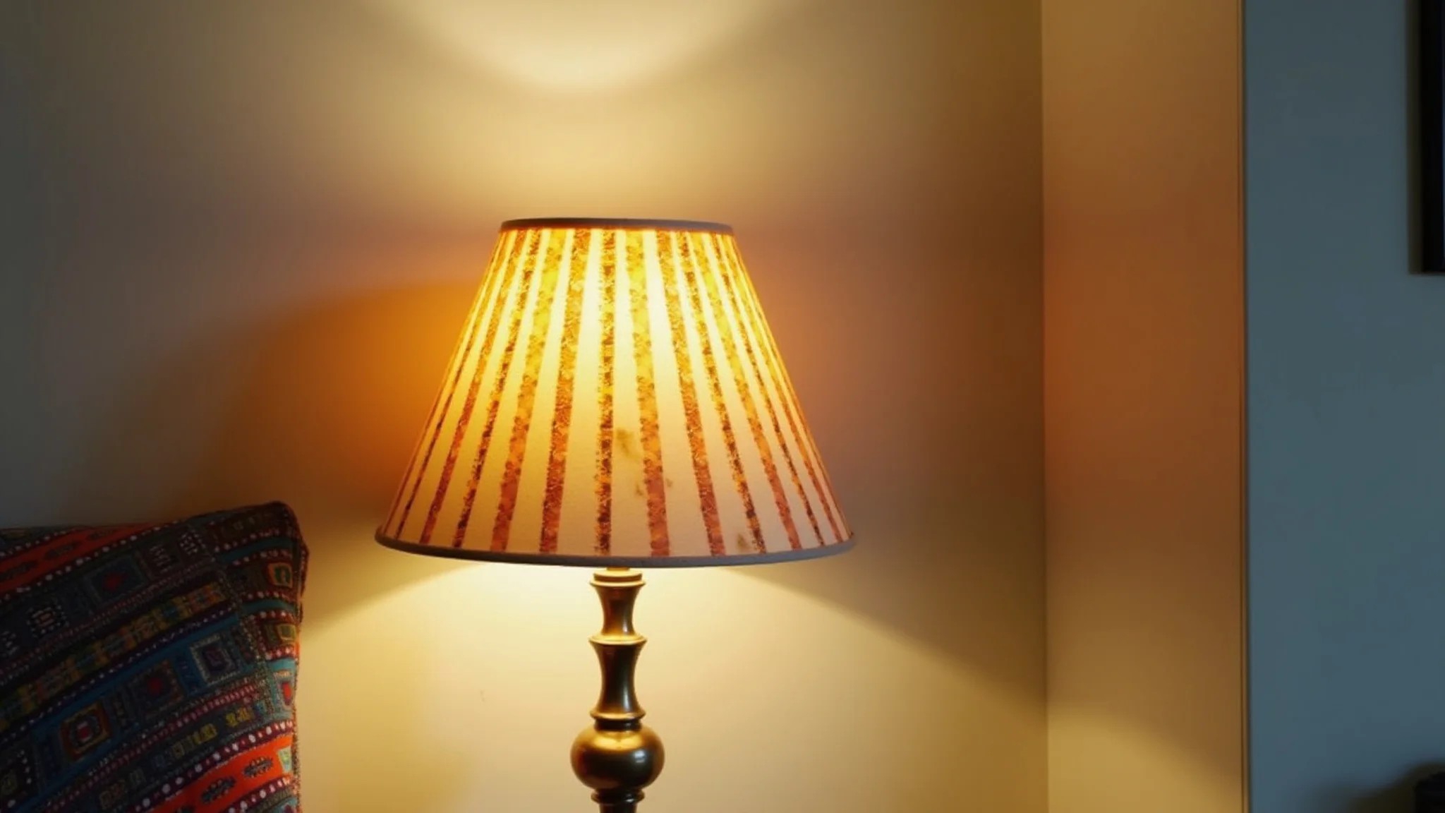 Luminária customizada com tecido colorido, luz dourada suave, decoração DIY em casa brasileira.