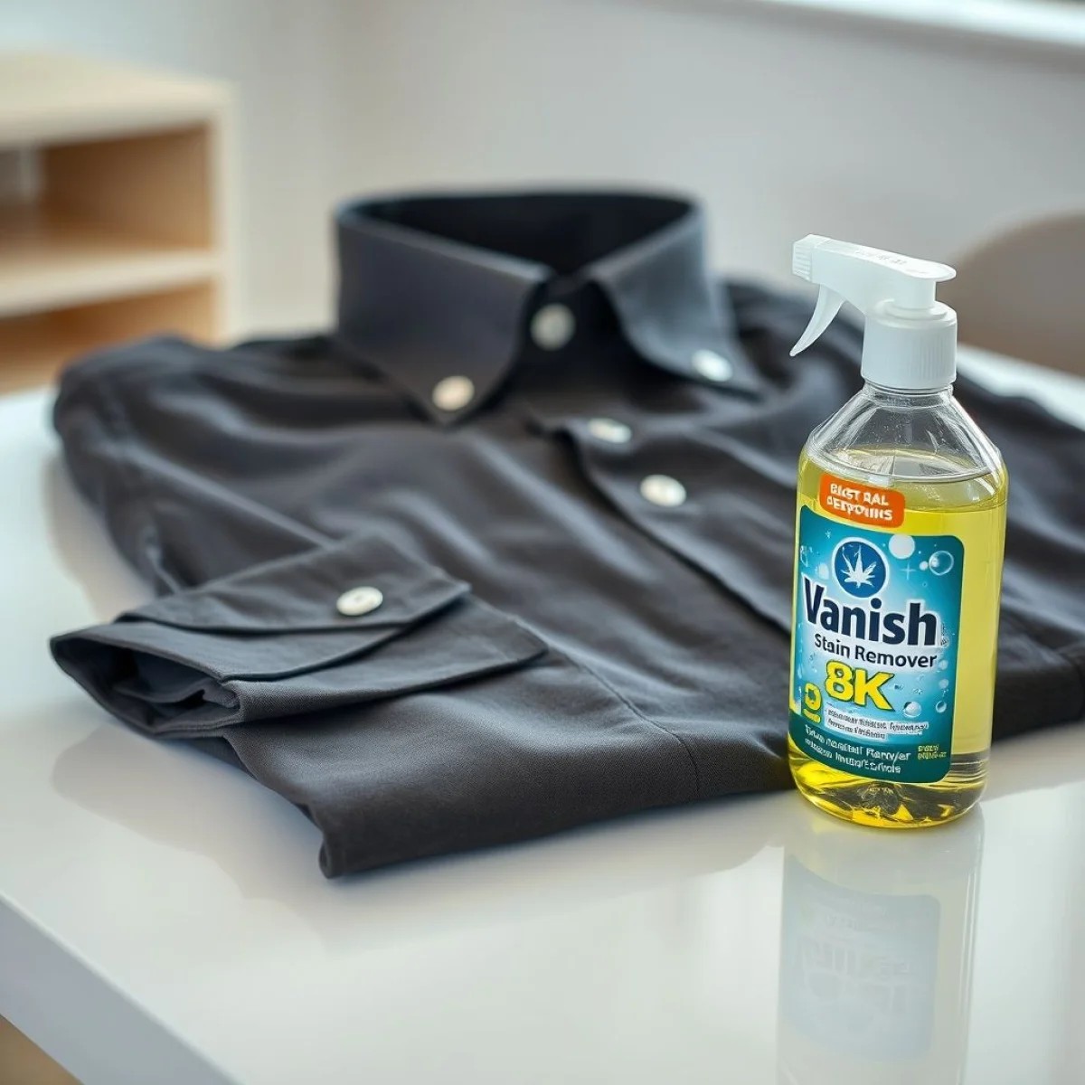 Camisa social cinza escura com removedor de manchas Vanish ao lado.