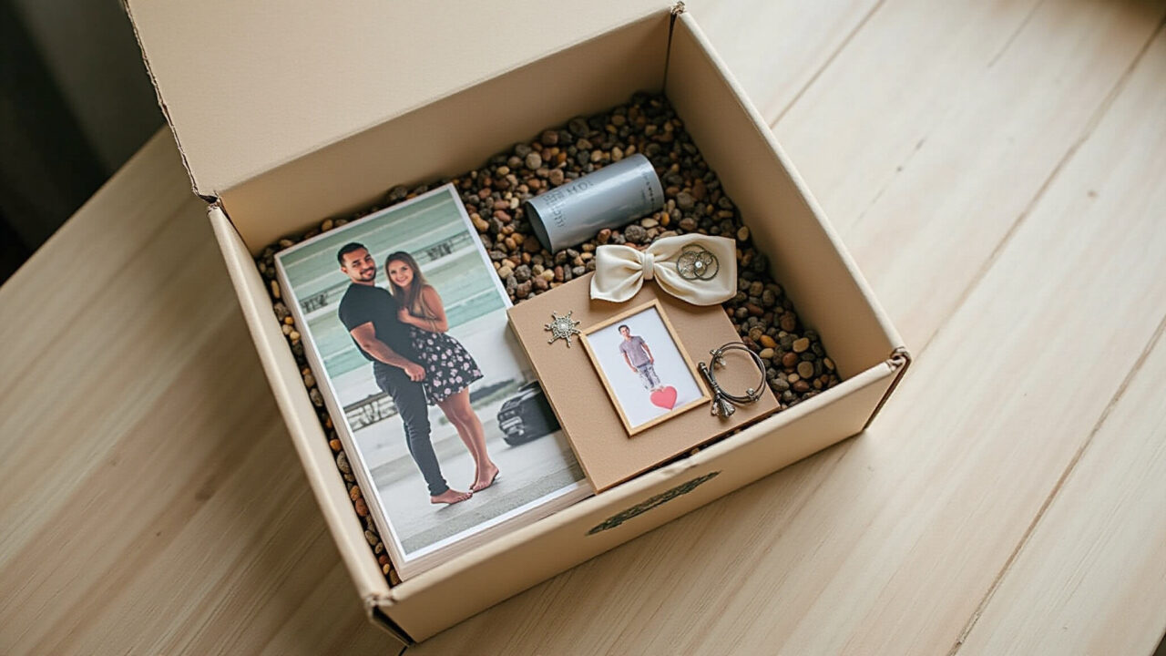 Caixa decorada com fotos e lembranças para presente artesanal.