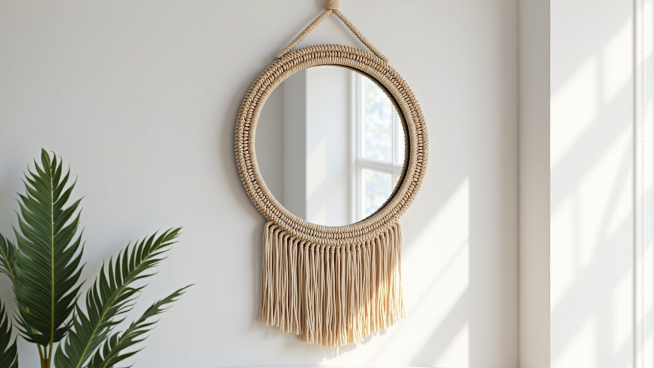 Espelho decorativo com moldura de macramê em ambiente brasileiro.