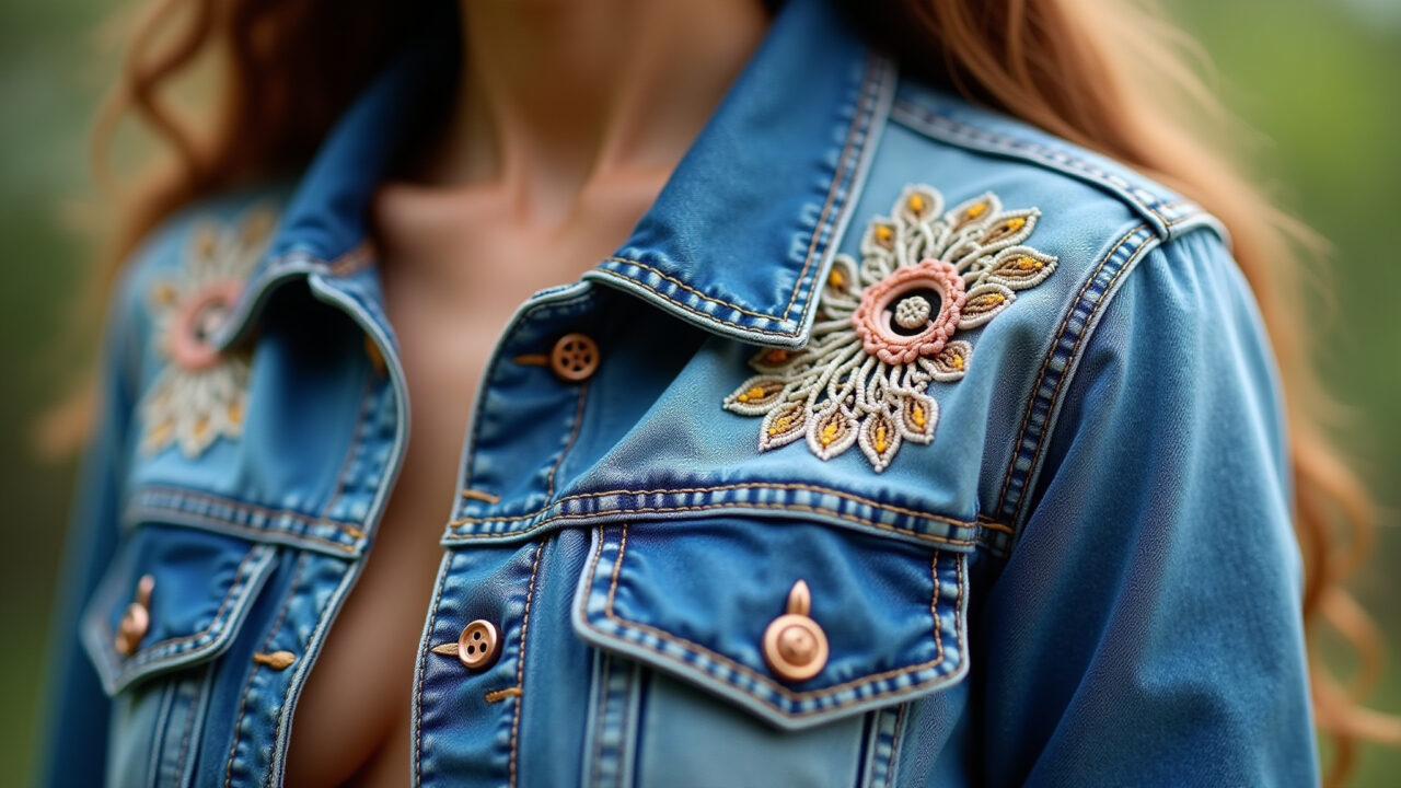 Jaqueta jeans customizada com detalhes em macramê.
