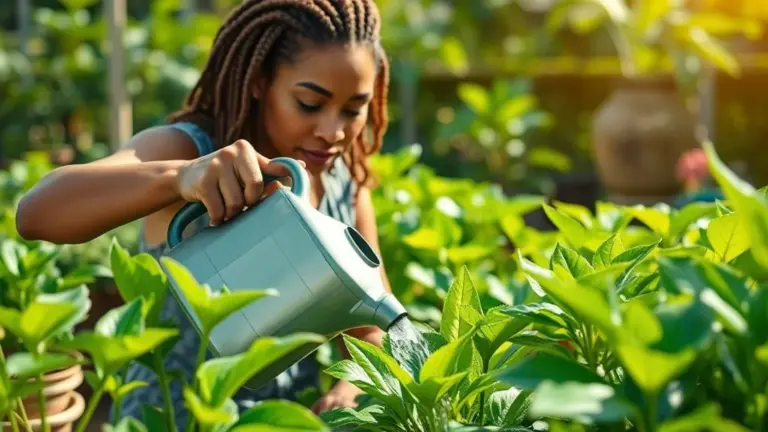 Mulher regando plantas em um jardim ensolarado com regador.