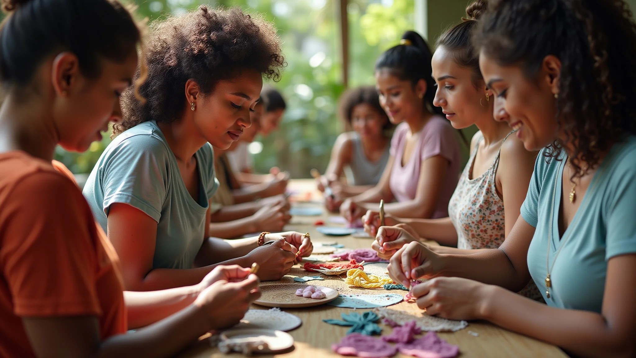 Mulheres brasileiras criando presentes artesanais para o Dia das Enfermeiras
