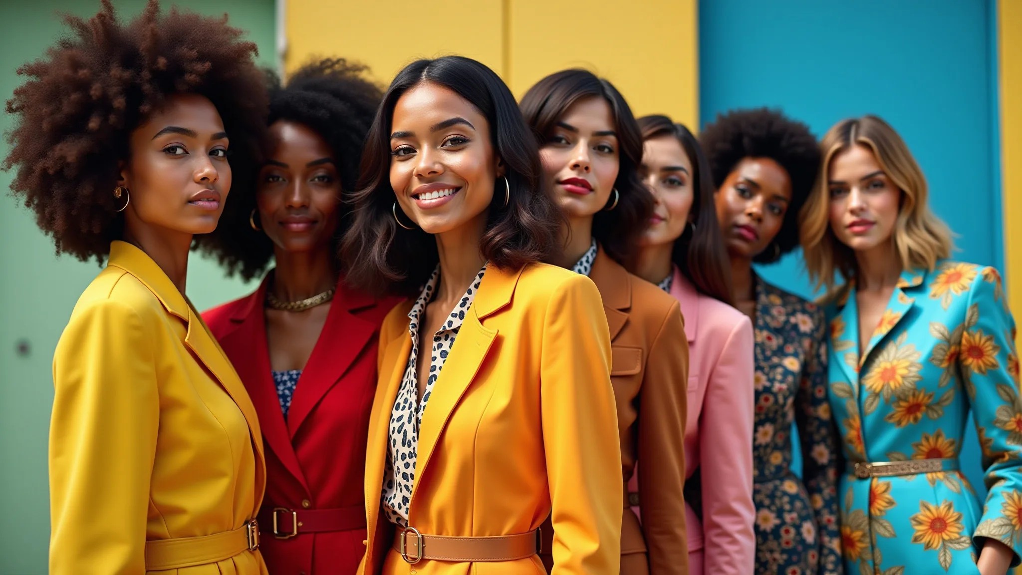 Grupo de mulheres brasileiras com looks coloridos inspirados nos anos 60.