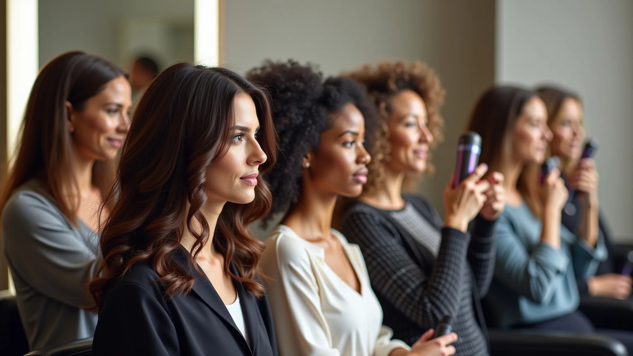Mulheres diversas admirando cabelos modelados com produtos Dyson em salão.