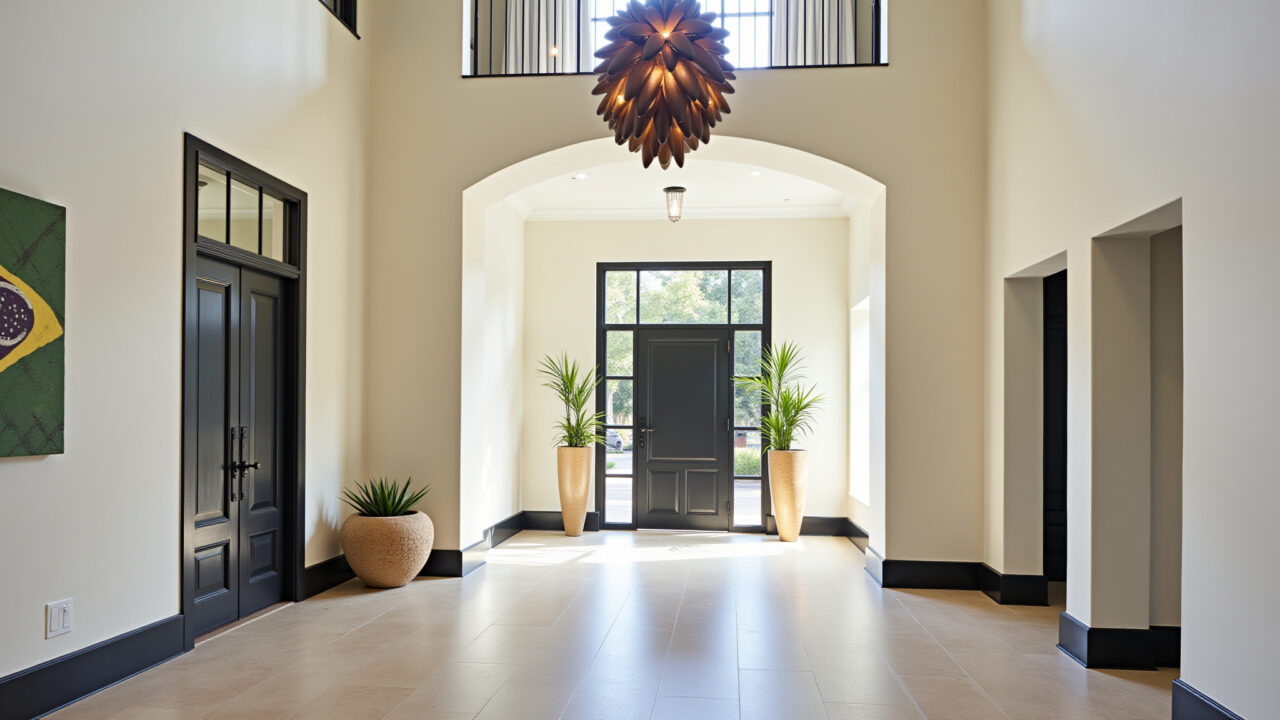 Professional photography of a double-height entrance hall, statement lighting fixture, Brazilian Hall de entrada com pé direito duplo e iluminação impactante.