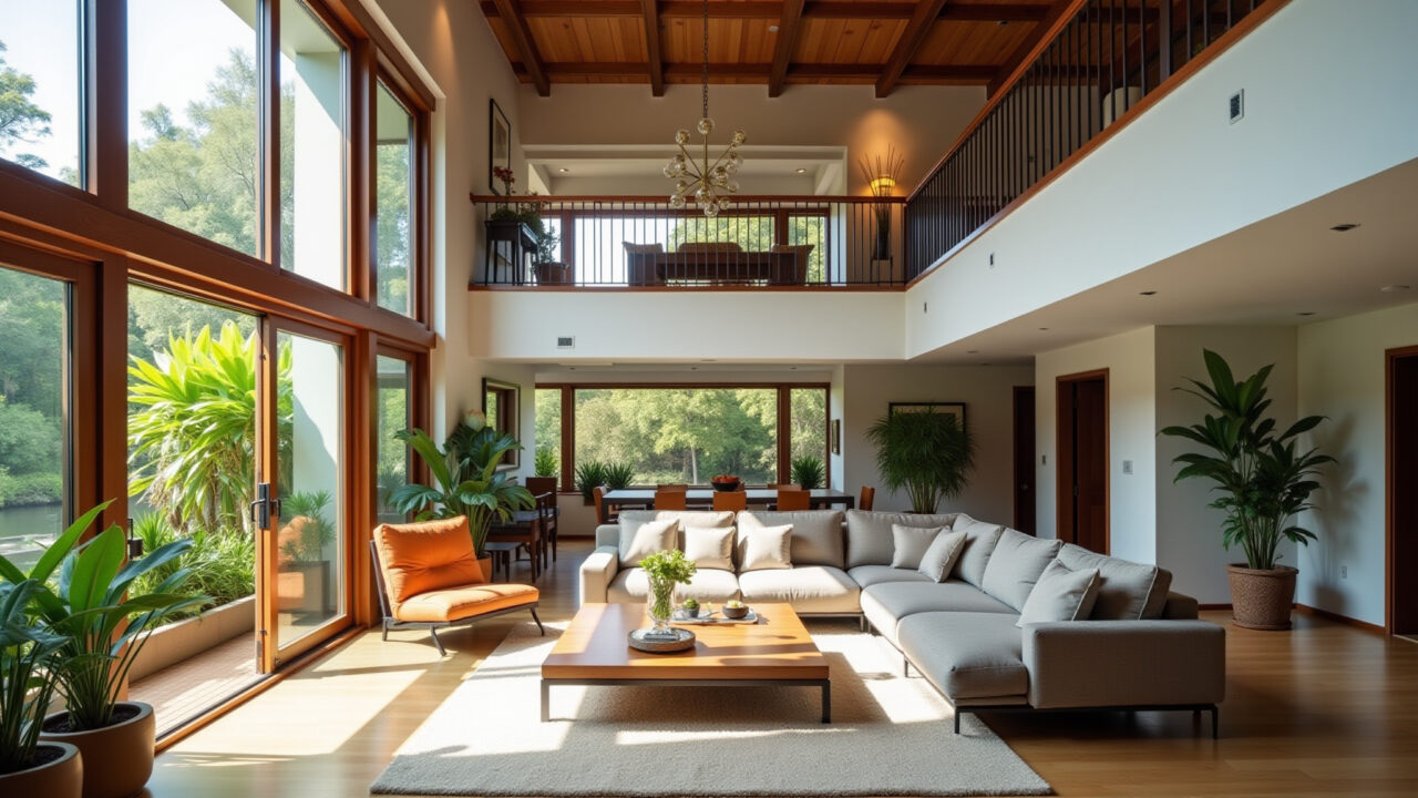 Professional photography of a double-height living room with a mezzanine, showcasing natural light Pé direito duplo com janelões e mezanino, iluminação natural.