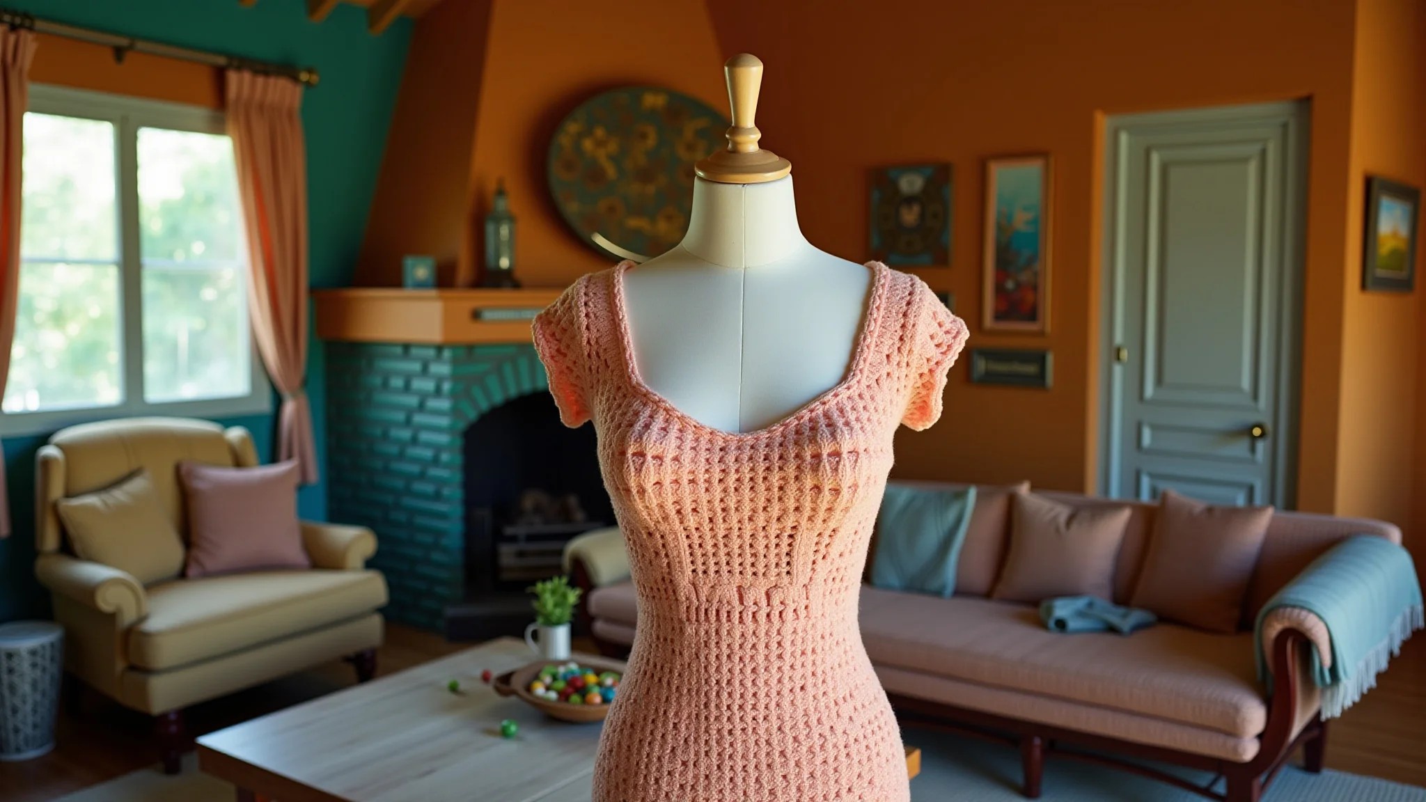 Vestido de crochê finalizado em manequim em casa brasileira aconchegante e colorida.