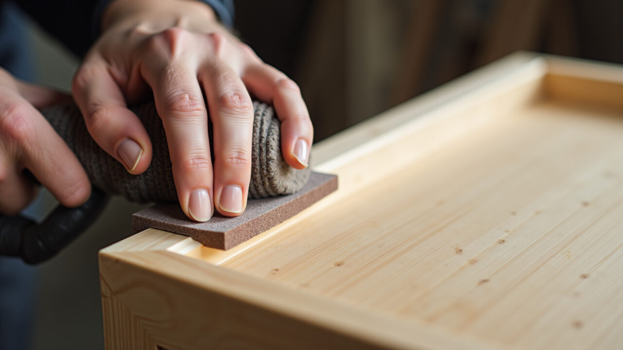 Professional photography of a hand carefully sanding the edges of a wooden furniture piece with a Mão lixando bordas de móvel de madeira com bloco de lixa.