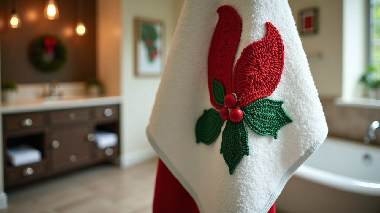 Macramê temático de Natal em toalha de lavabo.