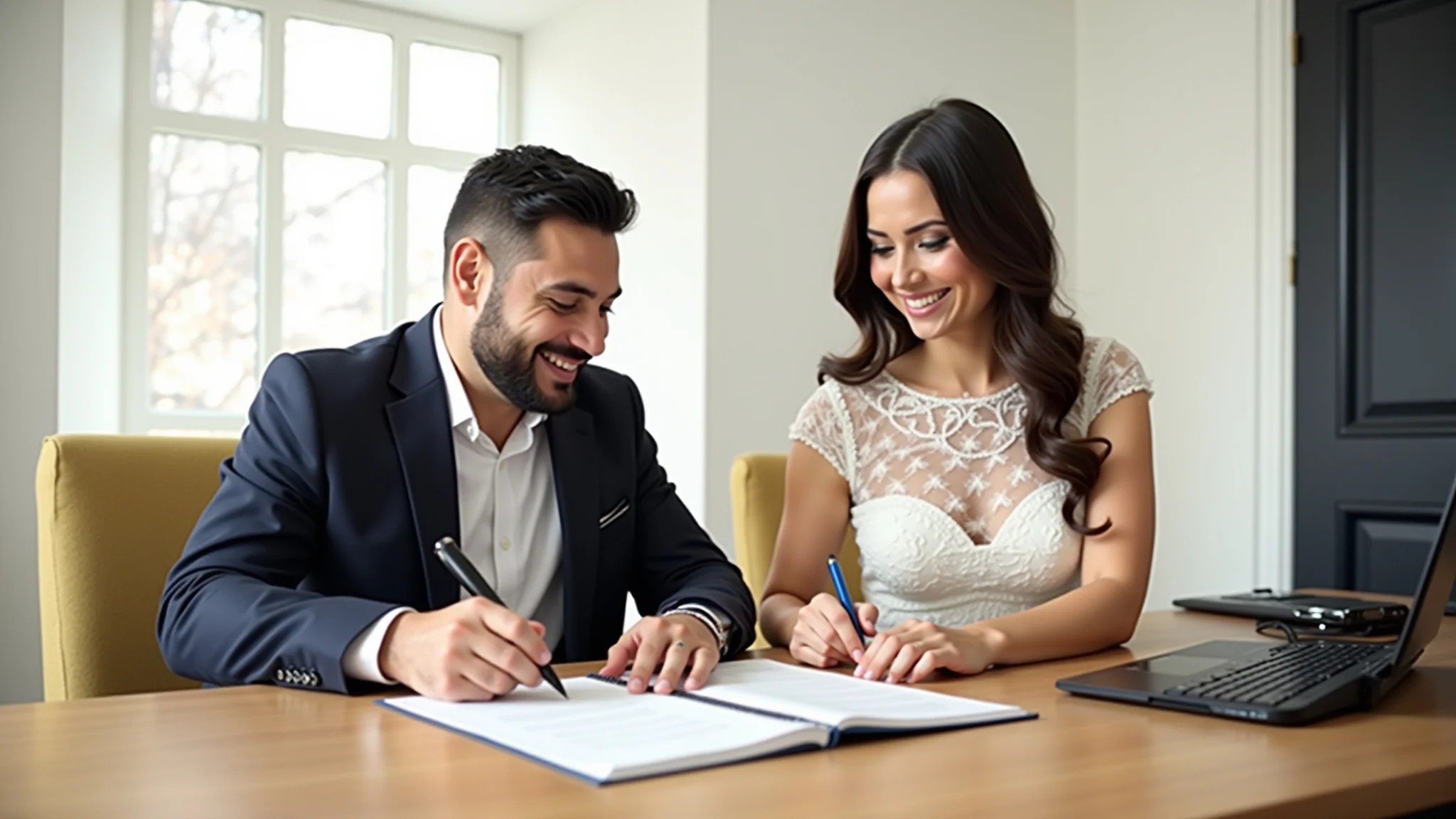 Casal brasileiro sorrindo ao assinar os papéis do casamento civil em cartório.