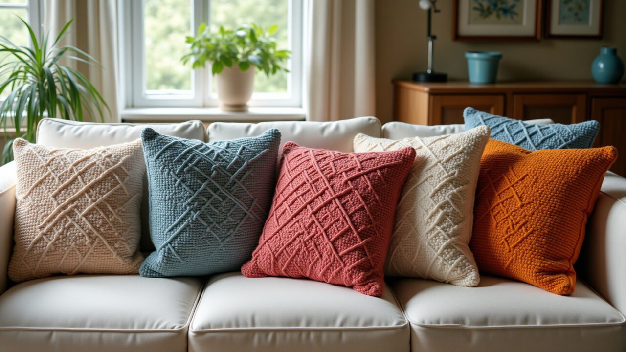 Professional photography of a living room sofa decorated with macrame cushions in various patterns Sofá decorado com almofadas de macramê coloridas.