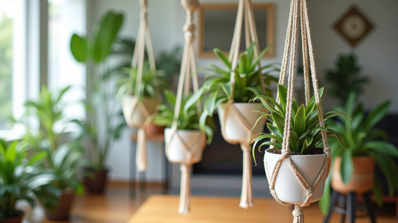 Suportes de plantas de macramê em sala de estar.