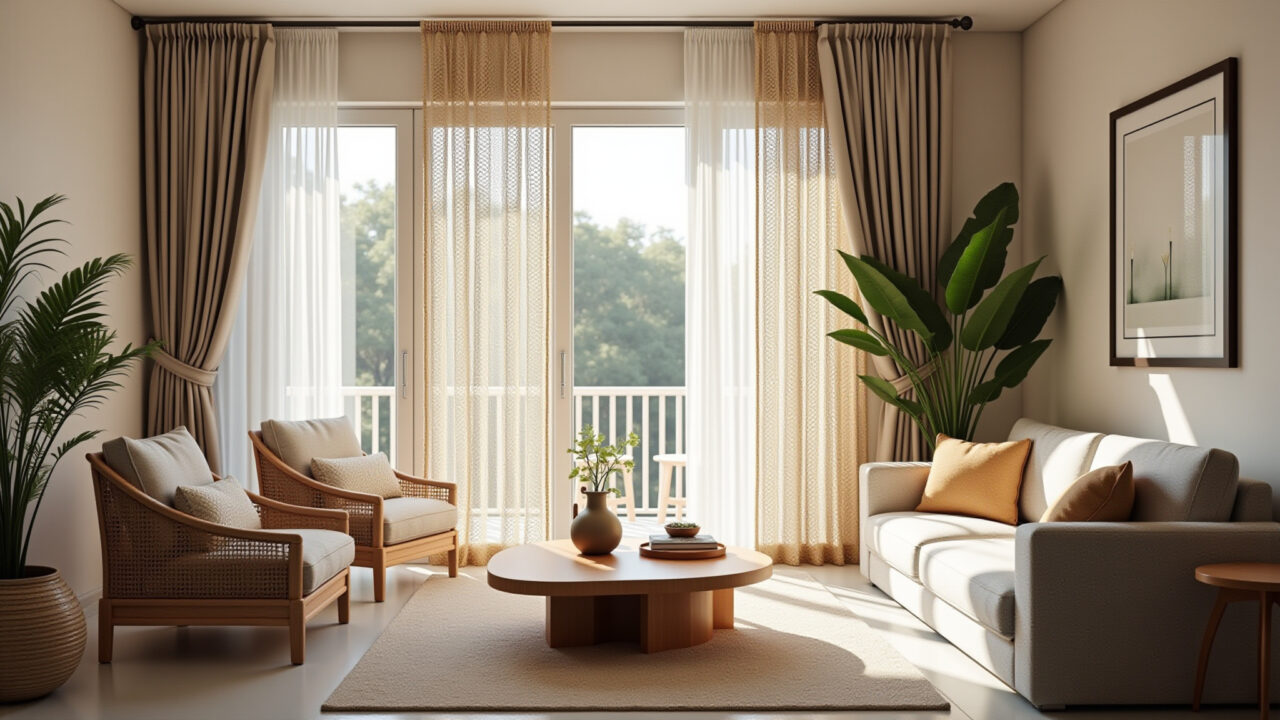 Cortinas de macramê em sala de estar.