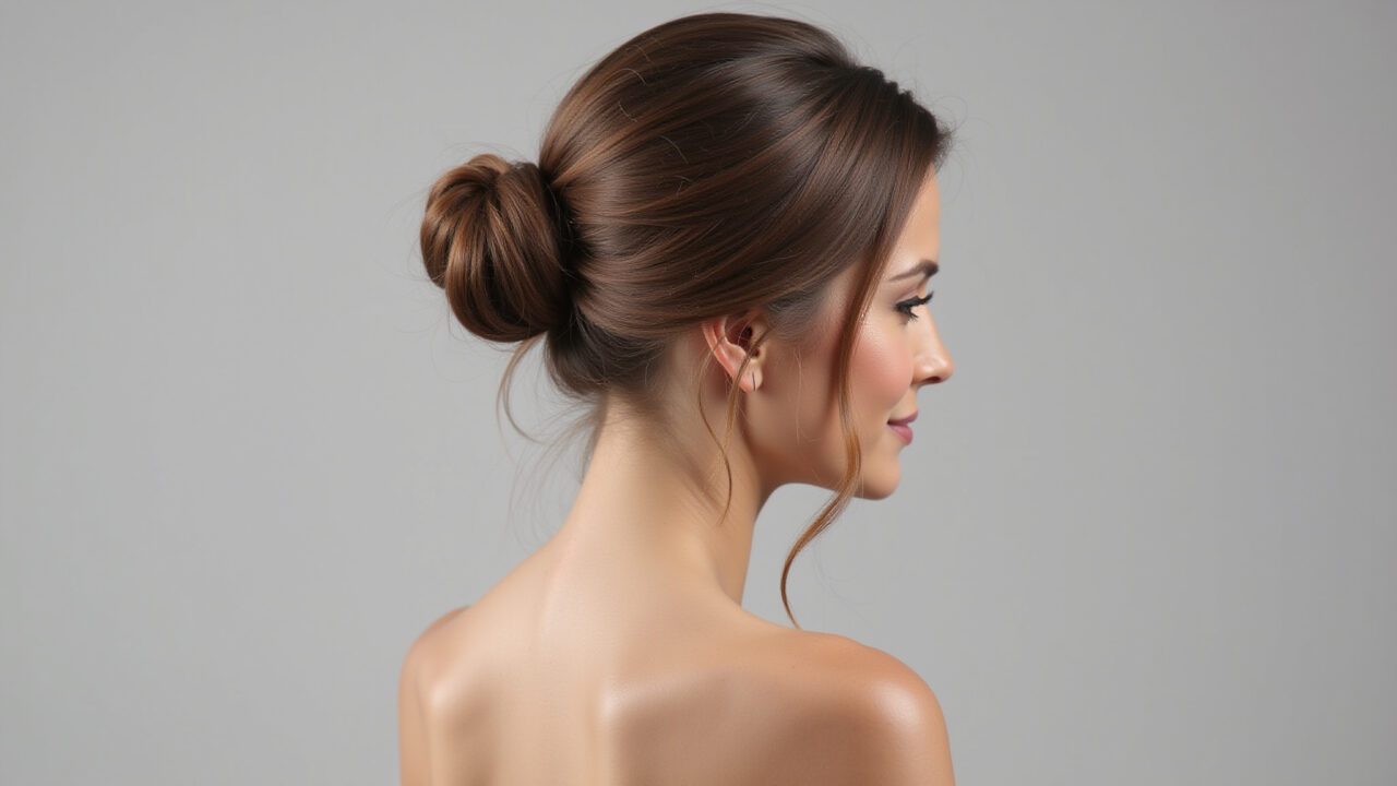 Professional photography of a low bun with a deep side part, long straight hair, modern wedding Coque baixo com risca lateral marcada em cabelo longo e liso.
