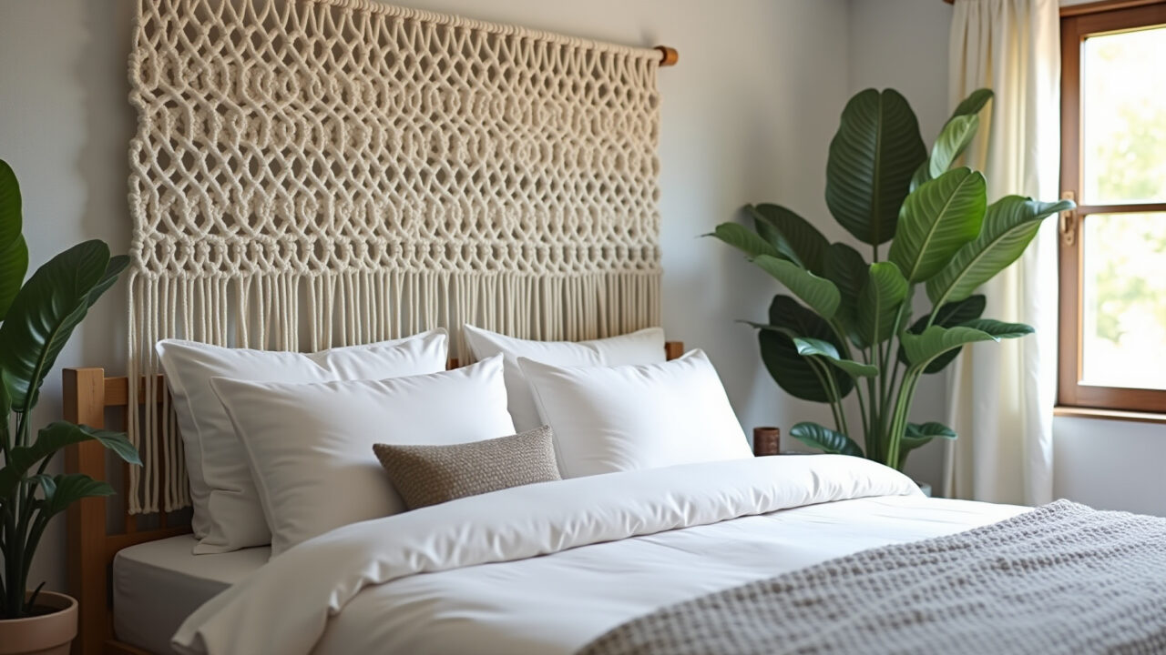 Cabeceira de cama em macramê branco em quarto aconchegante.