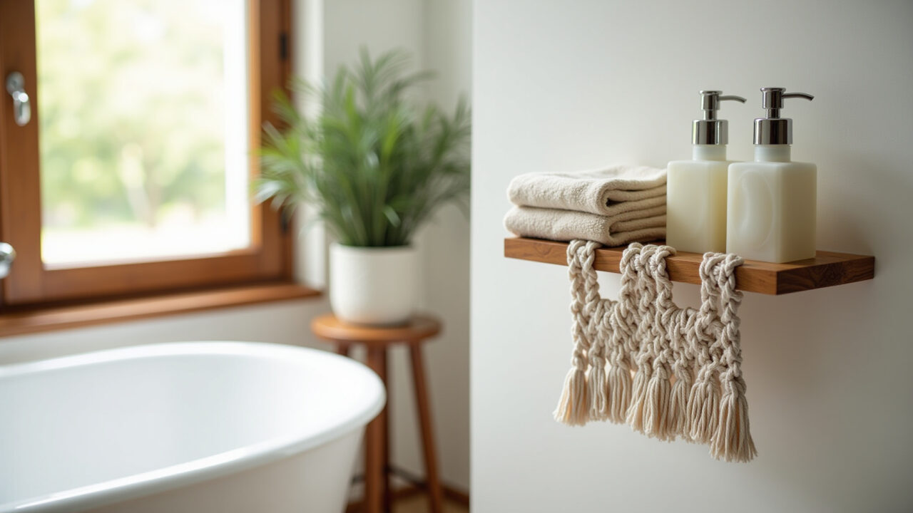 Professional photography of a macrame holder for soap and towel in a bright bathroom, natural Suporte de macramê para sabonete e toalha em um banheiro iluminado.