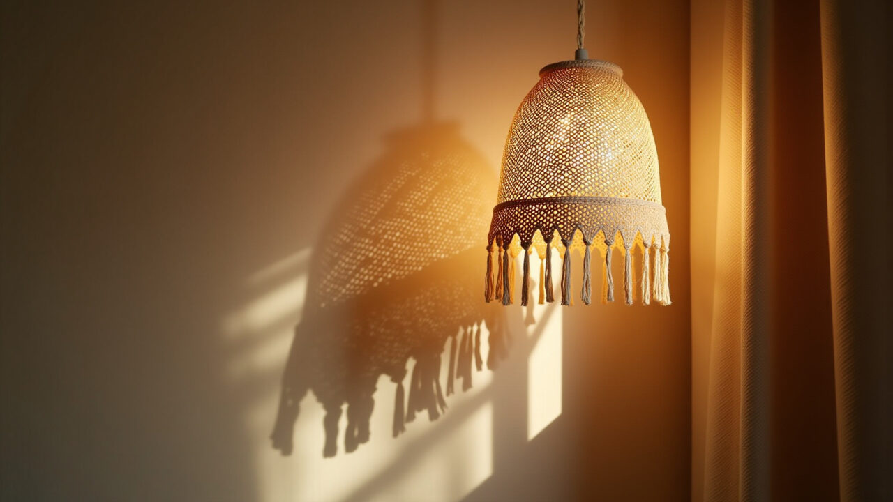 Luminária de macramê projetando sombras em um quarto aconchegante.