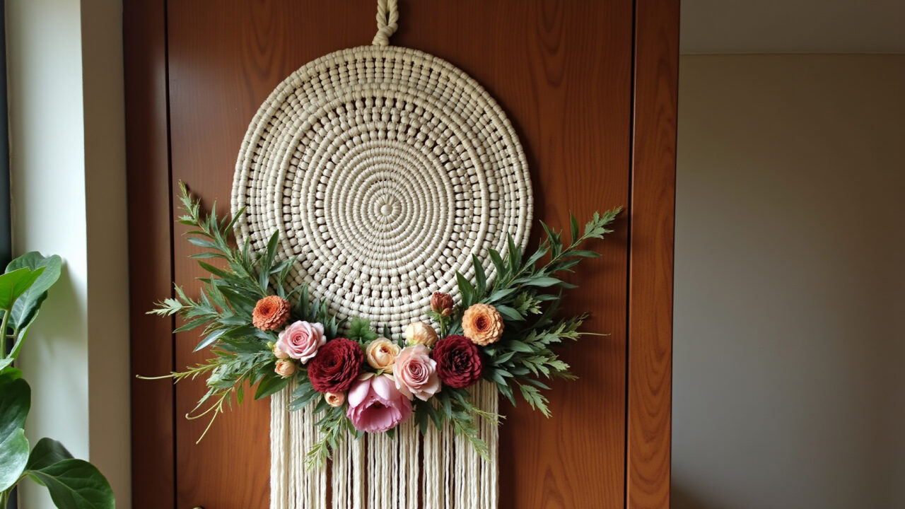 Mandala de macramê com flores secas e folhagens.