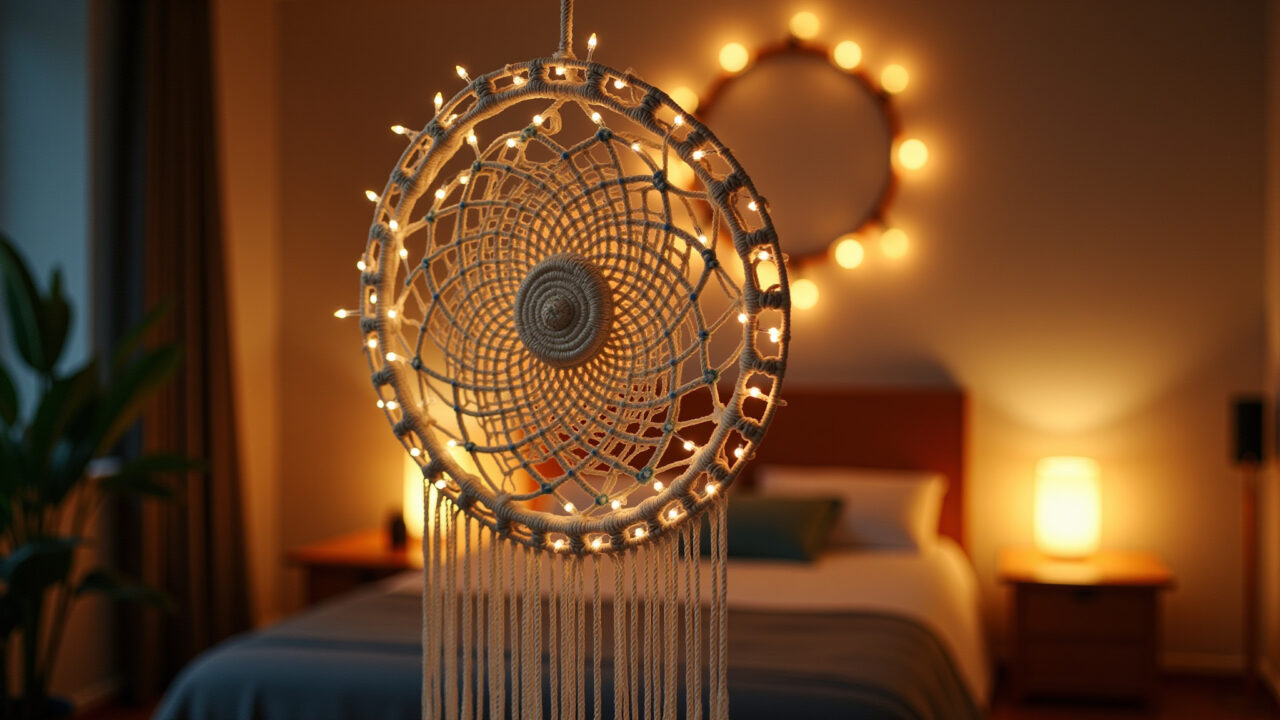 Mandala de macramê com luzes de LED criando ambiente aconchegante.