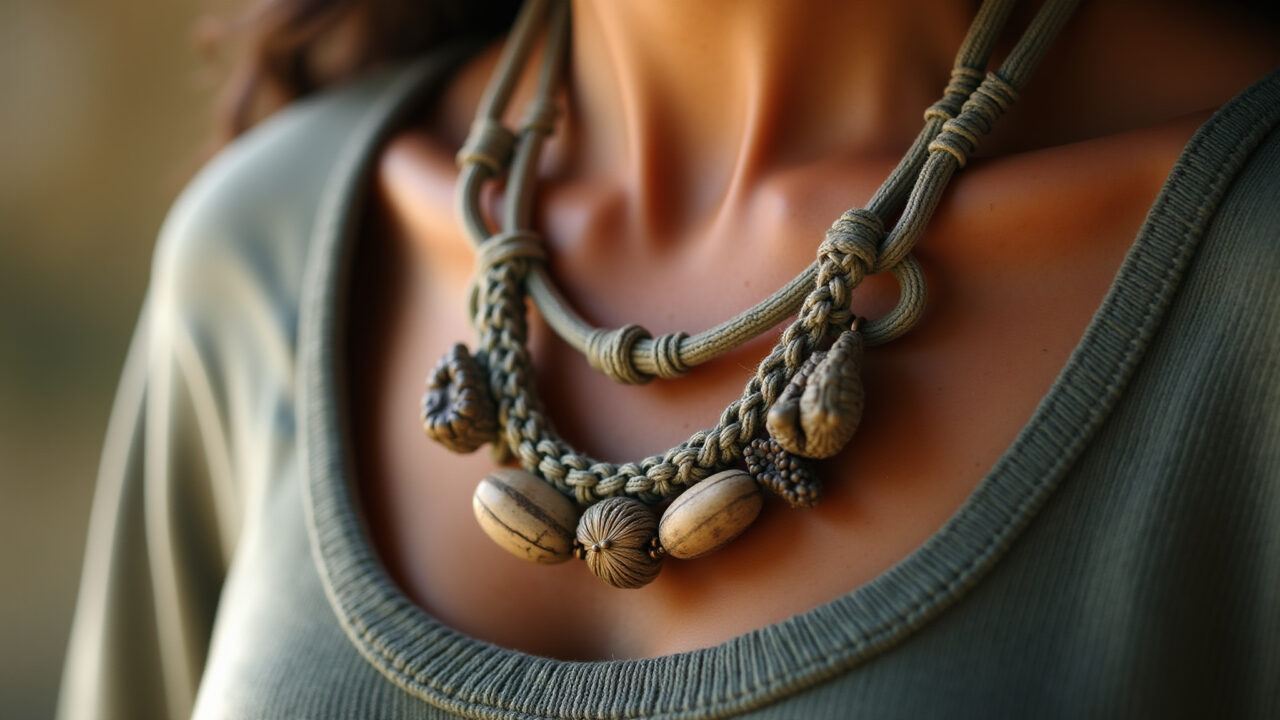 Professional photography of a macrame necklace with acai seeds and wood pieces, rustic style, Colar de macramê rústico com sementes de açaí e madeira.