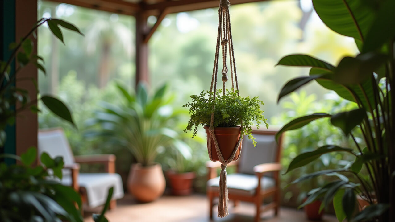 Suporte de plantas suspenso em macramê em varanda brasileira.
