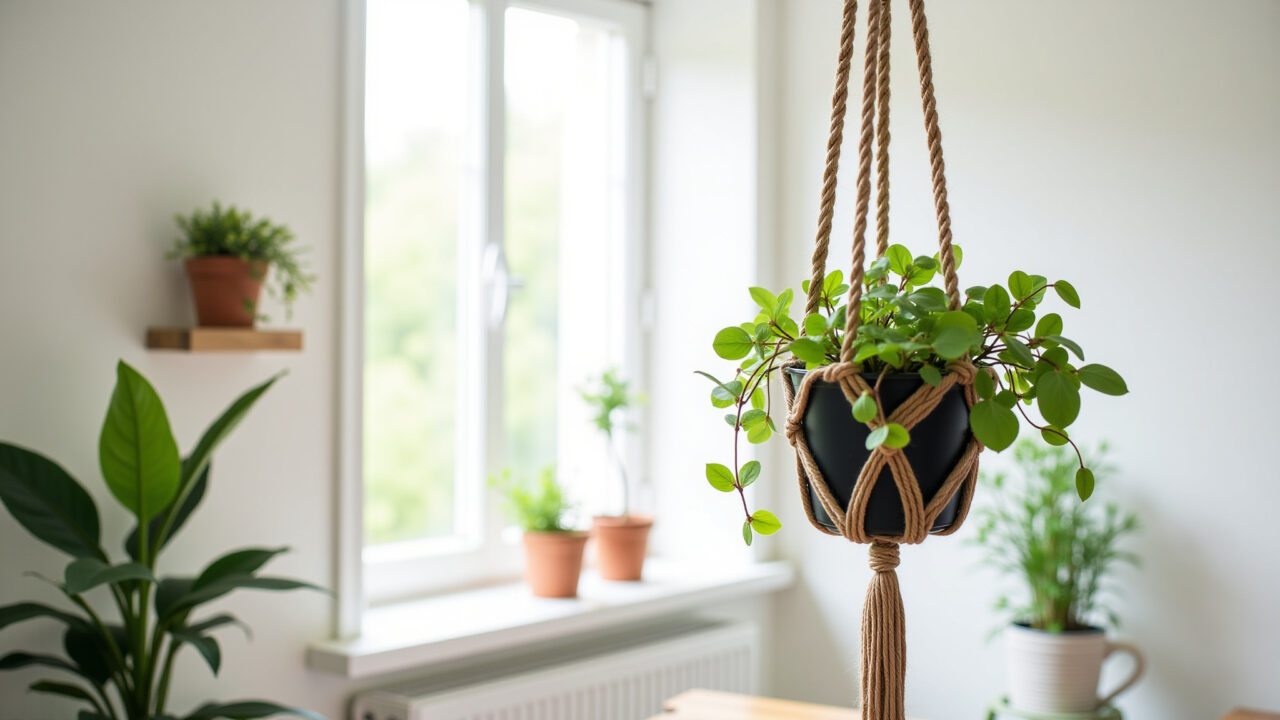 Suporte de plantas de macramê pendurado em um ambiente iluminado.