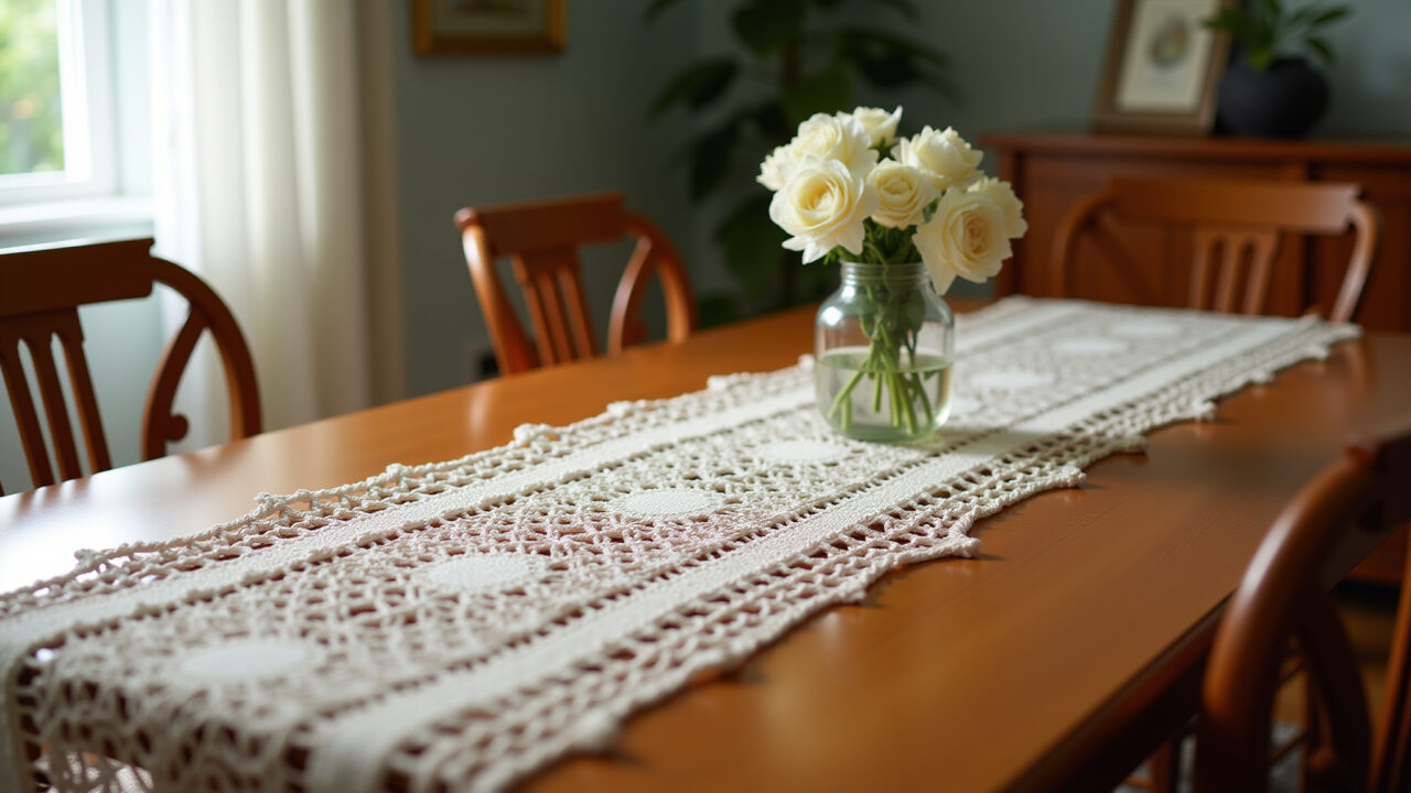 Caminho de mesa em macramê decorando uma mesa de jantar elegante.