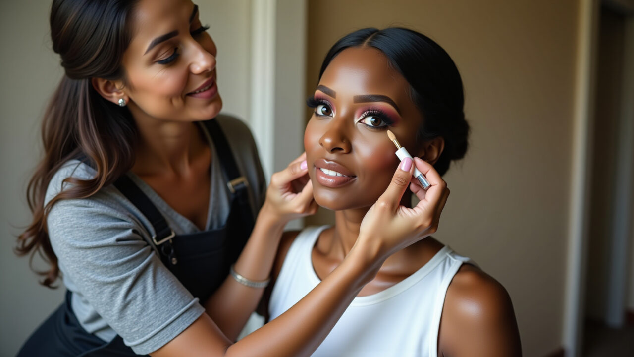 Professional photography of a makeup artist applying foundation to a Black bride, matching skin Aplicação de base em pele negra para maquiagem de casamento.