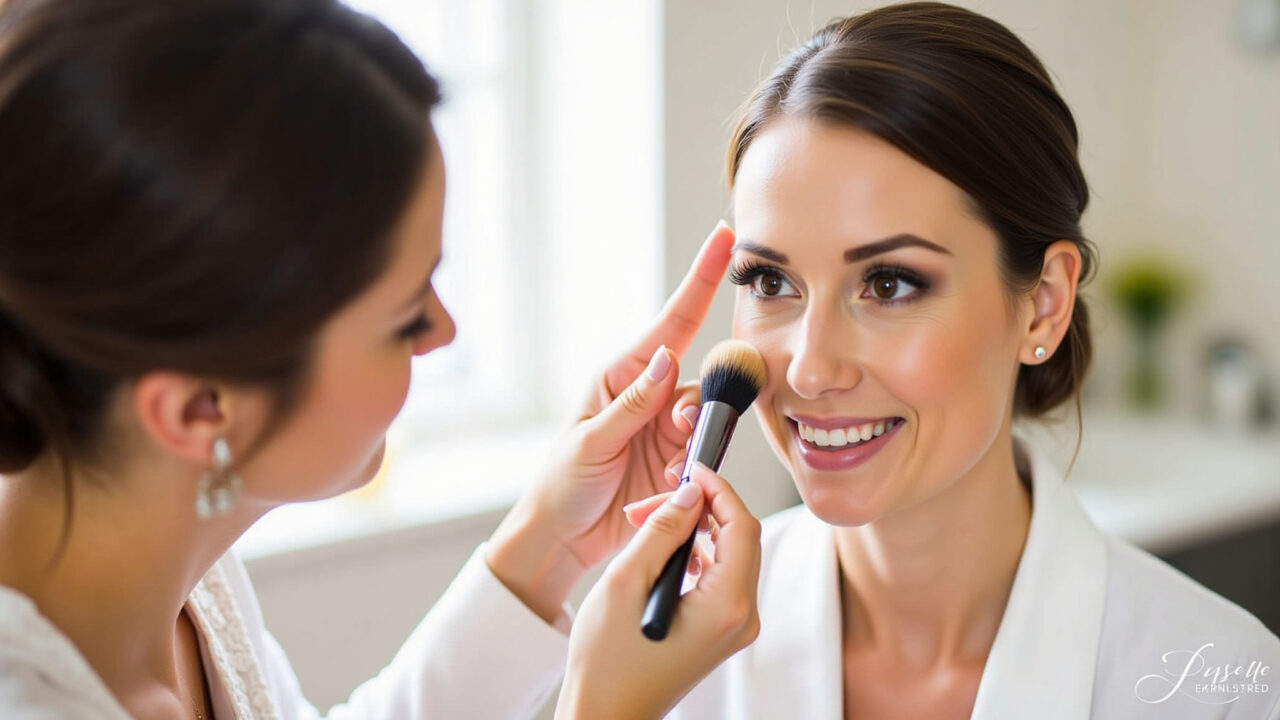 Professional photography of a makeup artist applying foundation on a bride's face, creating a Maquiador aplicando base no rosto da noiva.