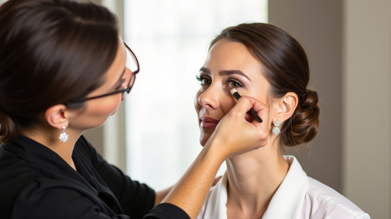 Professional photography of a makeup artist applying highlighter on a bride's cheekbones, soft Maquiador aplicando iluminador nas maçãs do rosto da noiva.