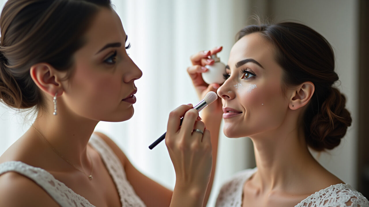 Professional photography of a makeup artist applying translucent powder on a bride's face, sealing Maquiador aplicando pó translúcido no rosto da noiva.