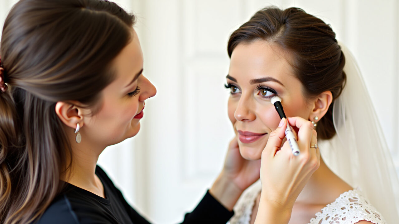 Professional photography of a makeup artist applying subtle contour and bronzer on a bride, natural Aplicação suave de contorno e bronzer em maquiagem de noiva.