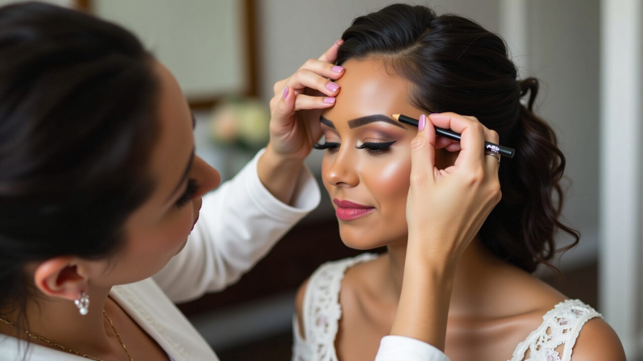 Professional photography of a makeup artist shaping a Black bride's eyebrows, using eyebrow pencil, Design de sobrancelhas para maquiagem de casamento em pele negra.