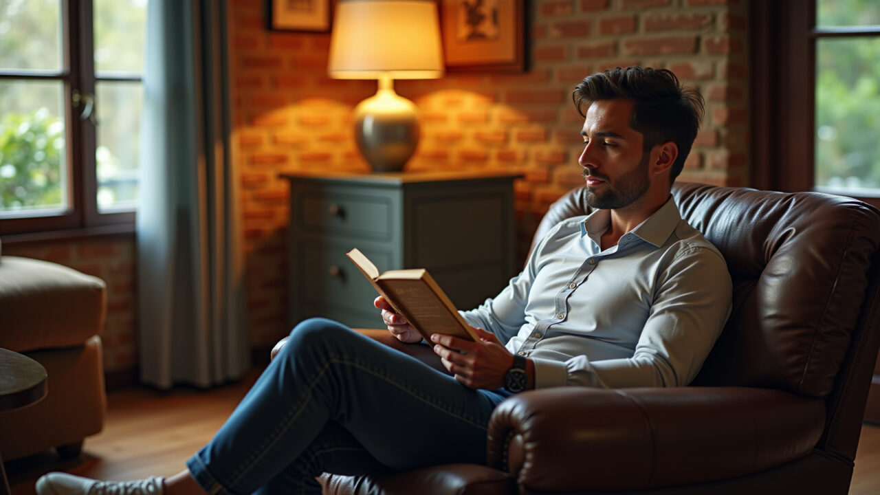 Professional photography of a man reading a book in a comfortable chair, warm lighting, cozy living Pai lendo um livro em uma poltrona confortável.