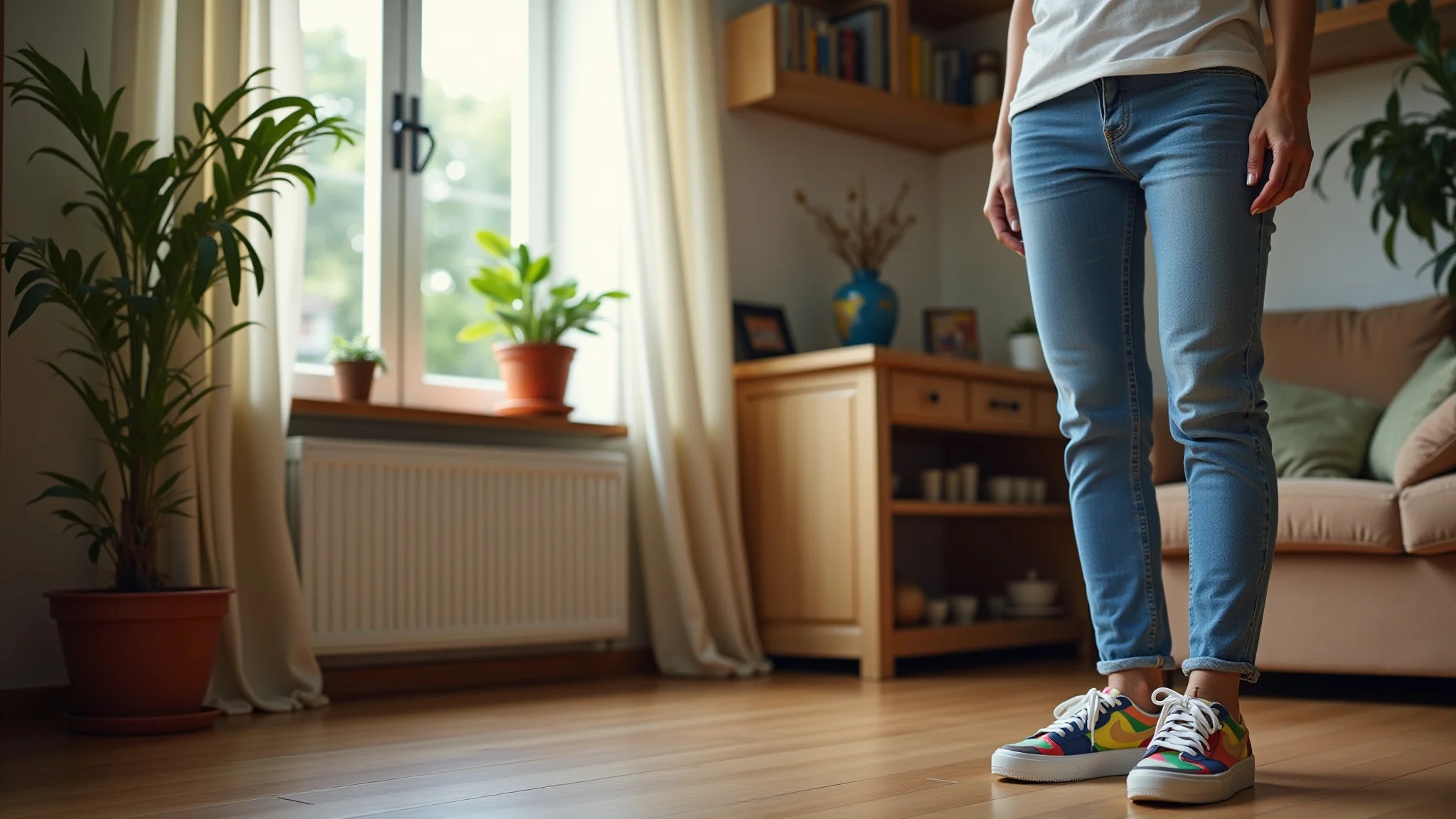 Brasileira de meia-idade usando mom jeans e tênis coloridos em apartamento aconchegante.