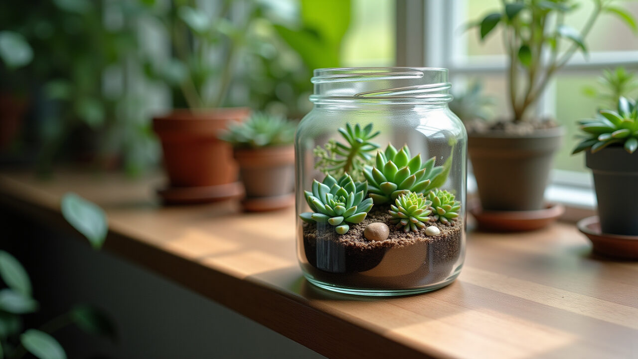 Mini jardim em pote de vidro com suculentas.