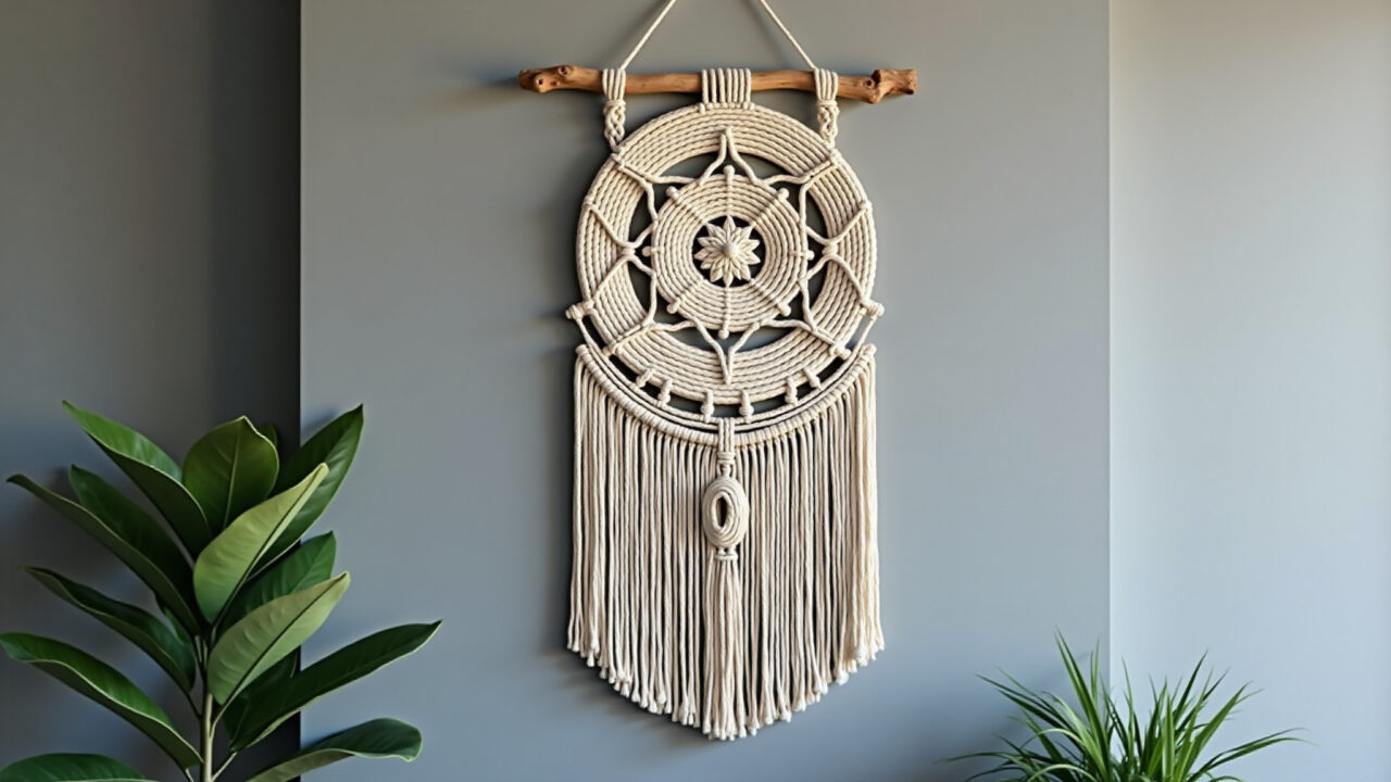 Mandala de macramê minimalista com corda crua e design geométrico.