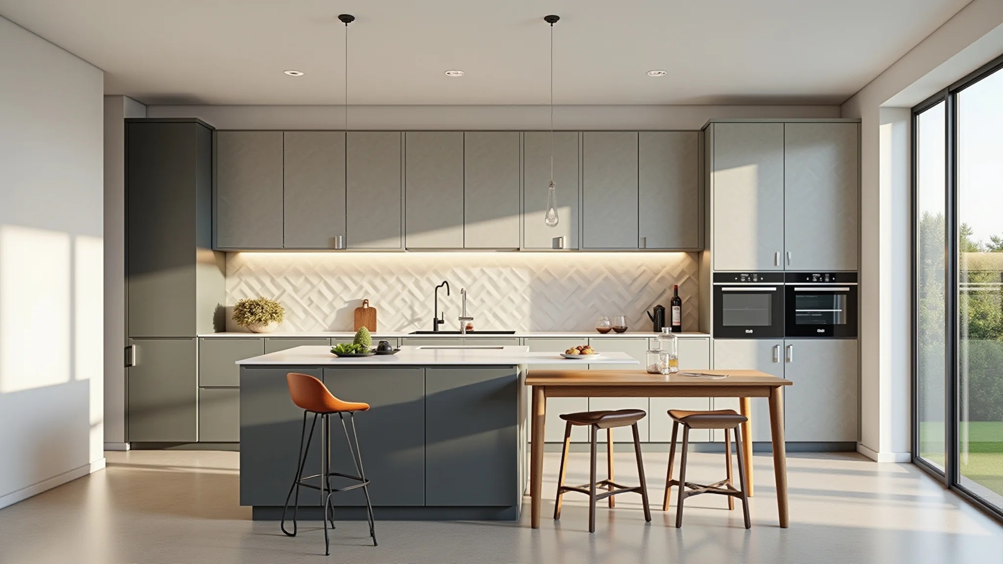 Cozinha moderna com revestimento 3D neutro, iluminação clara e foco nítido.