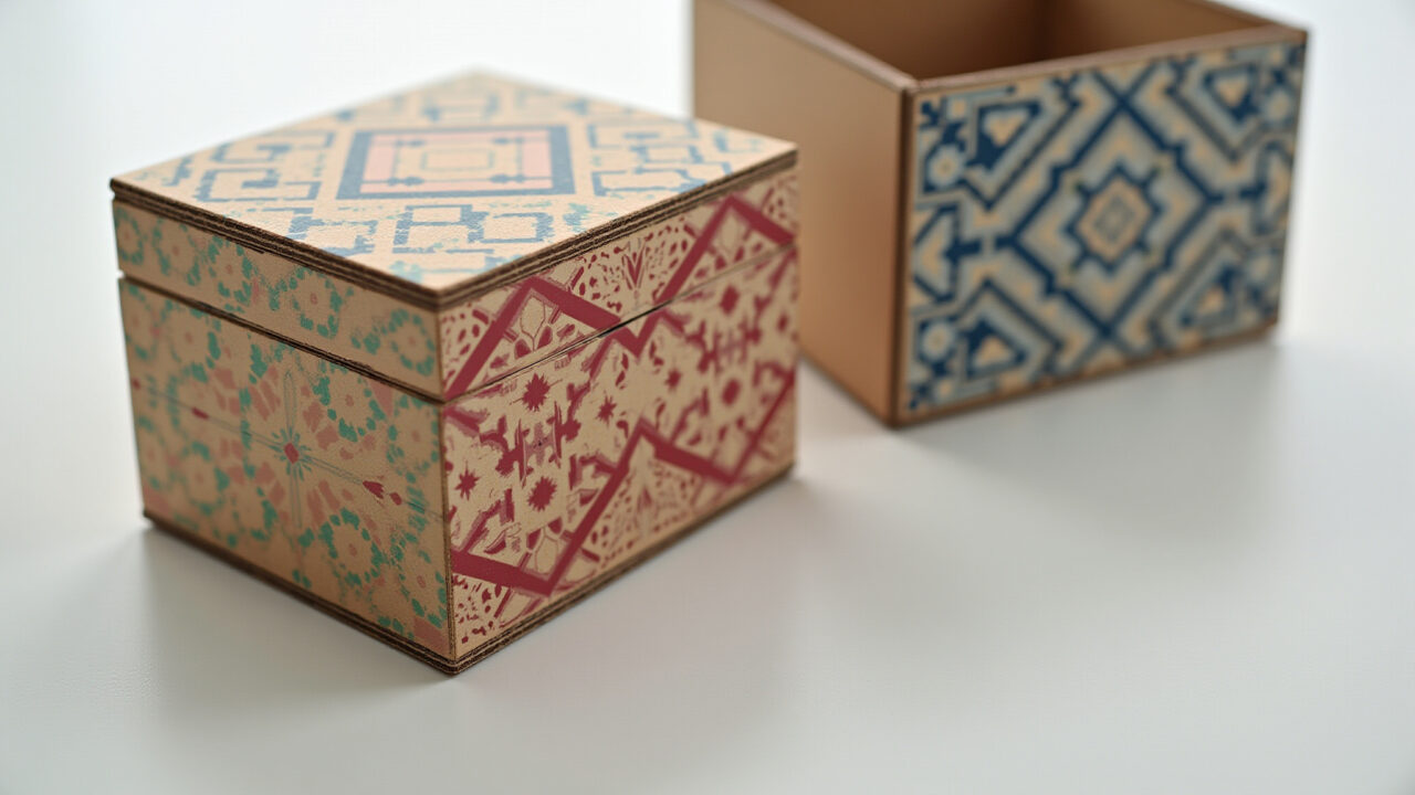Porta joias de MDF moderno com padrões geométricos pintados com stencil.