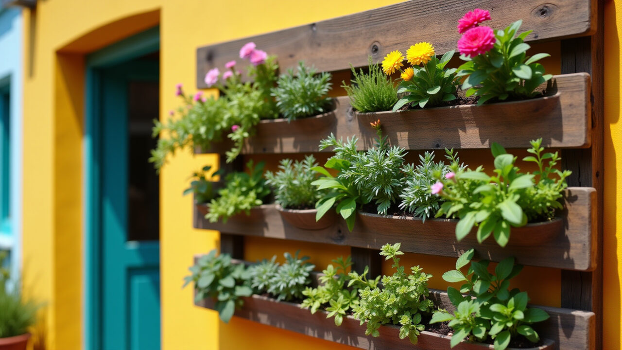 Professional photography of a pallet vertical garden filled with colorful flowers and herbs, Jardim vertical de pallet com flores e ervas.