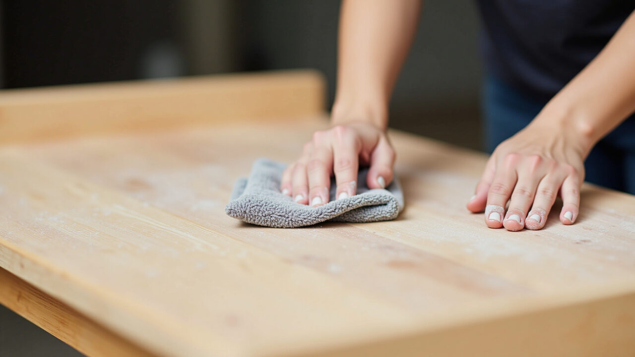 Professional photography of a person cleaning a sanded wooden surface with a damp cloth, removing Pessoa limpando superfície de madeira lixada com pano úmido.